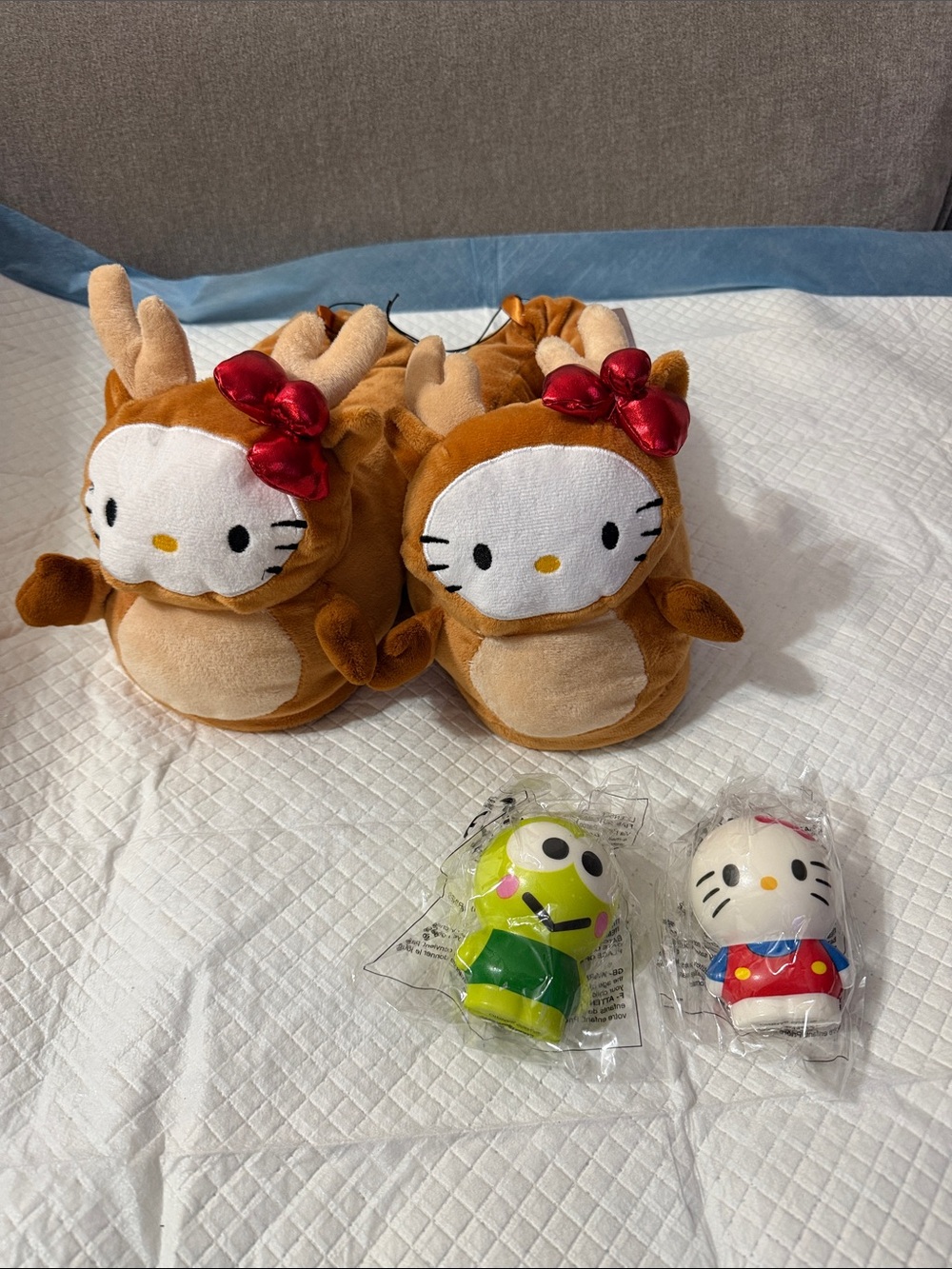 Hello Kitty Brown Reindeer Plush Slippers with Red Bow Accents and toys